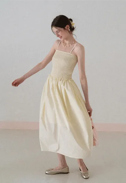 Strapless Smocked Bodice A Line Midi Dress