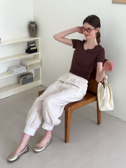 V Neck Short Sleeve Ribbed Knit Sweater