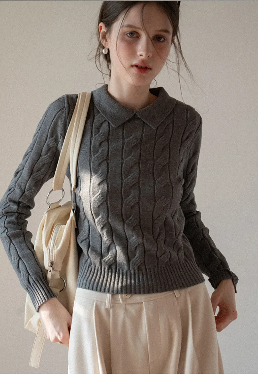 Cable Knit Crop Sweater with Collar