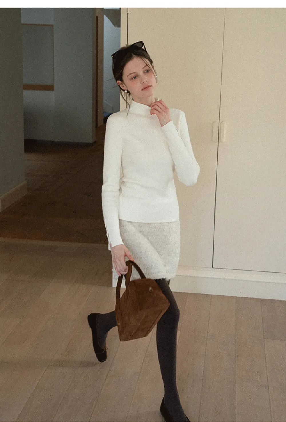 Elegant High Neck Knit Sweater with Button Detail Sleeve