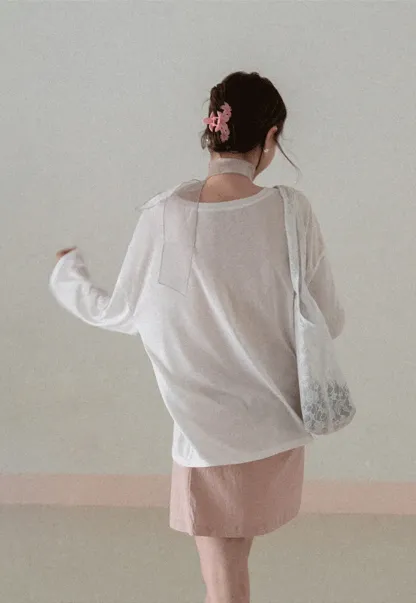 Oversized T shirt with fruit print and sheer neck detail