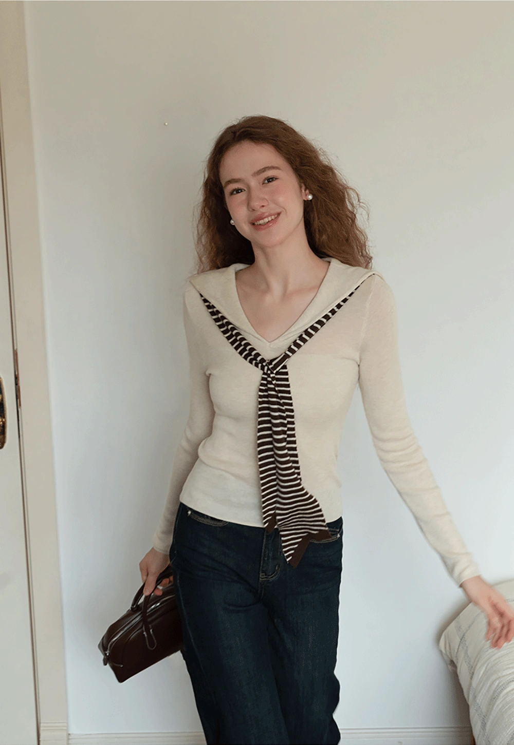 Womens Sailor Collar Long Sleeve Knit Top with Tie