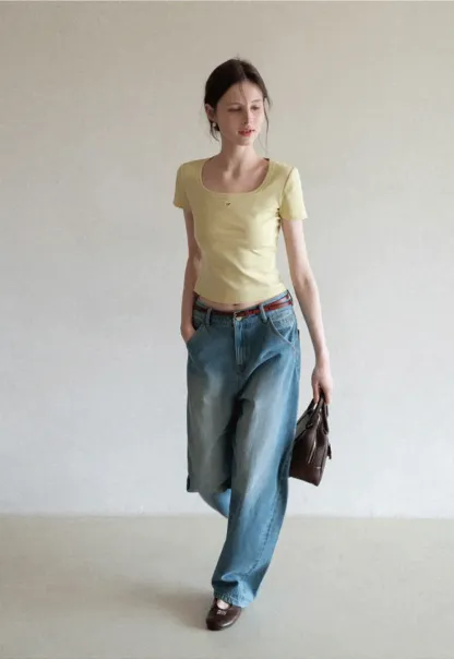 Short Sleeve Crop Top with Square Neckline