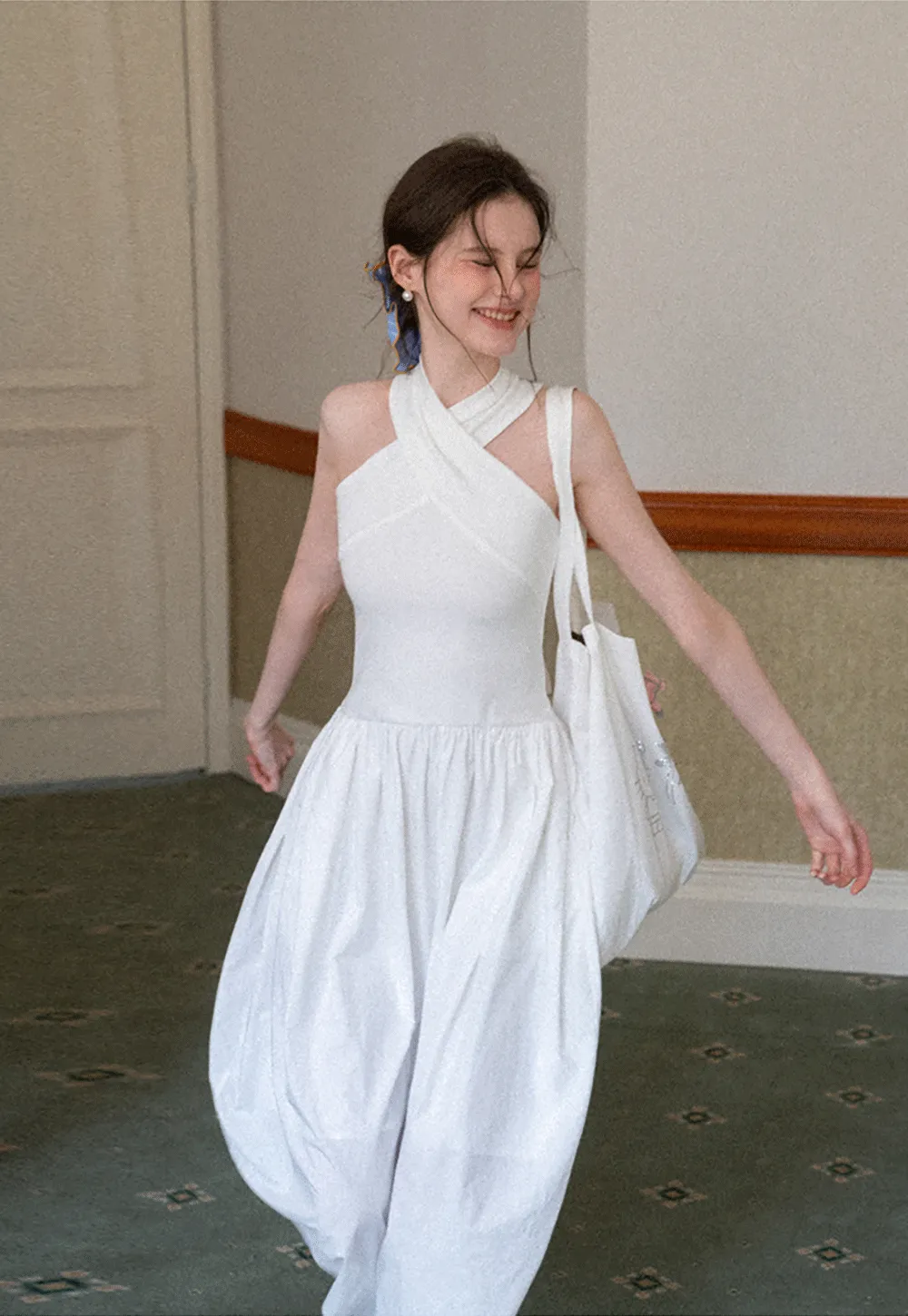 Halter Neck A Line Midi Dress with Pleated Skirt