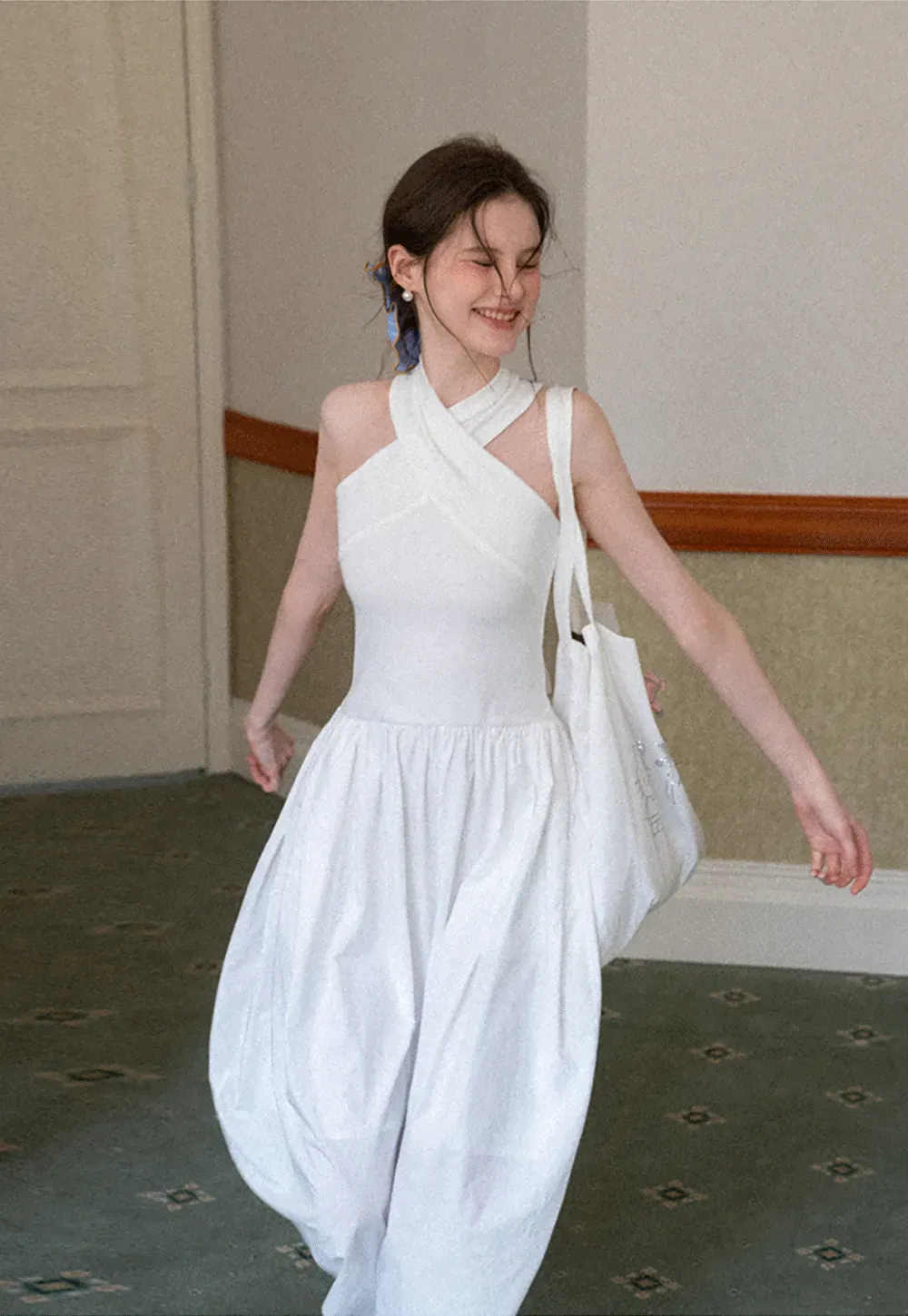 Halter Neck A Line Midi Dress with Pleated Skirt