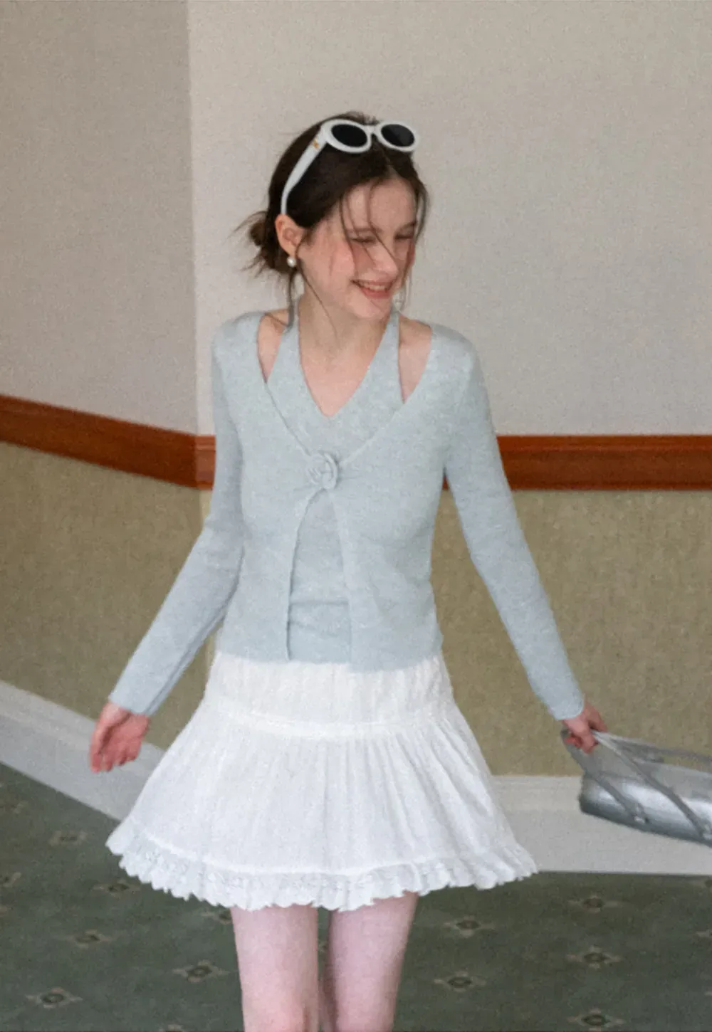 V Neck Knit Sweater with Floral Button Detail