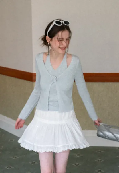 V Neck Knit Sweater with Floral Button Detail