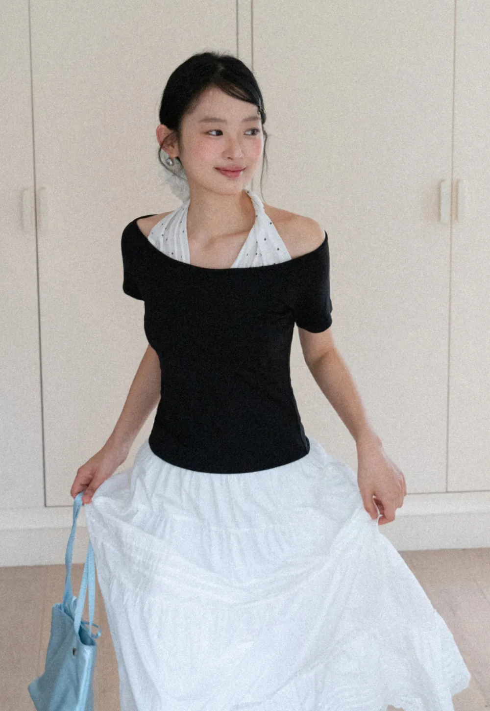 Off shoulder short sleeve top with halter neck detail