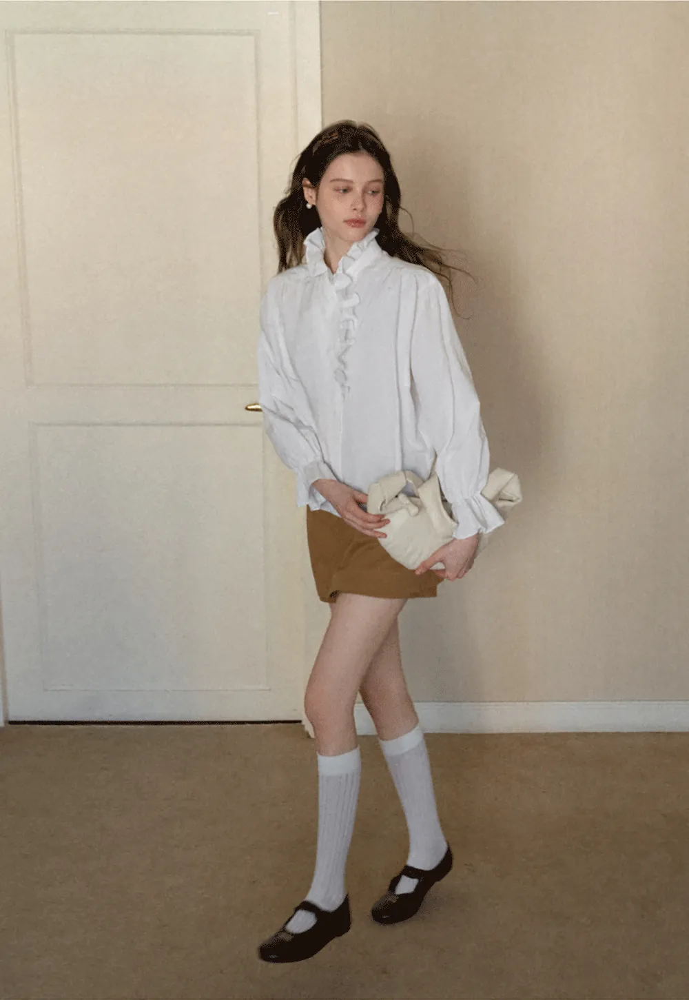 Elegant Ruffled Collar Blouse with Flared Cuffs