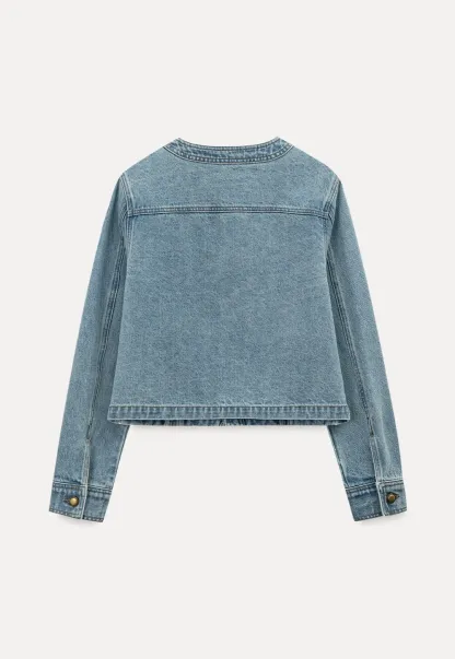 Denim short jacket with button front and chest pockets