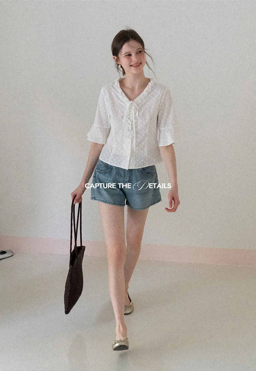 V neck blouse with lace trim and tie front