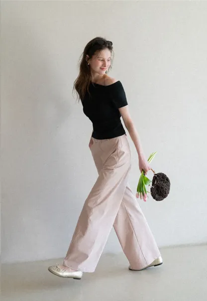 Off shoulder short sleeve fitted t shirt