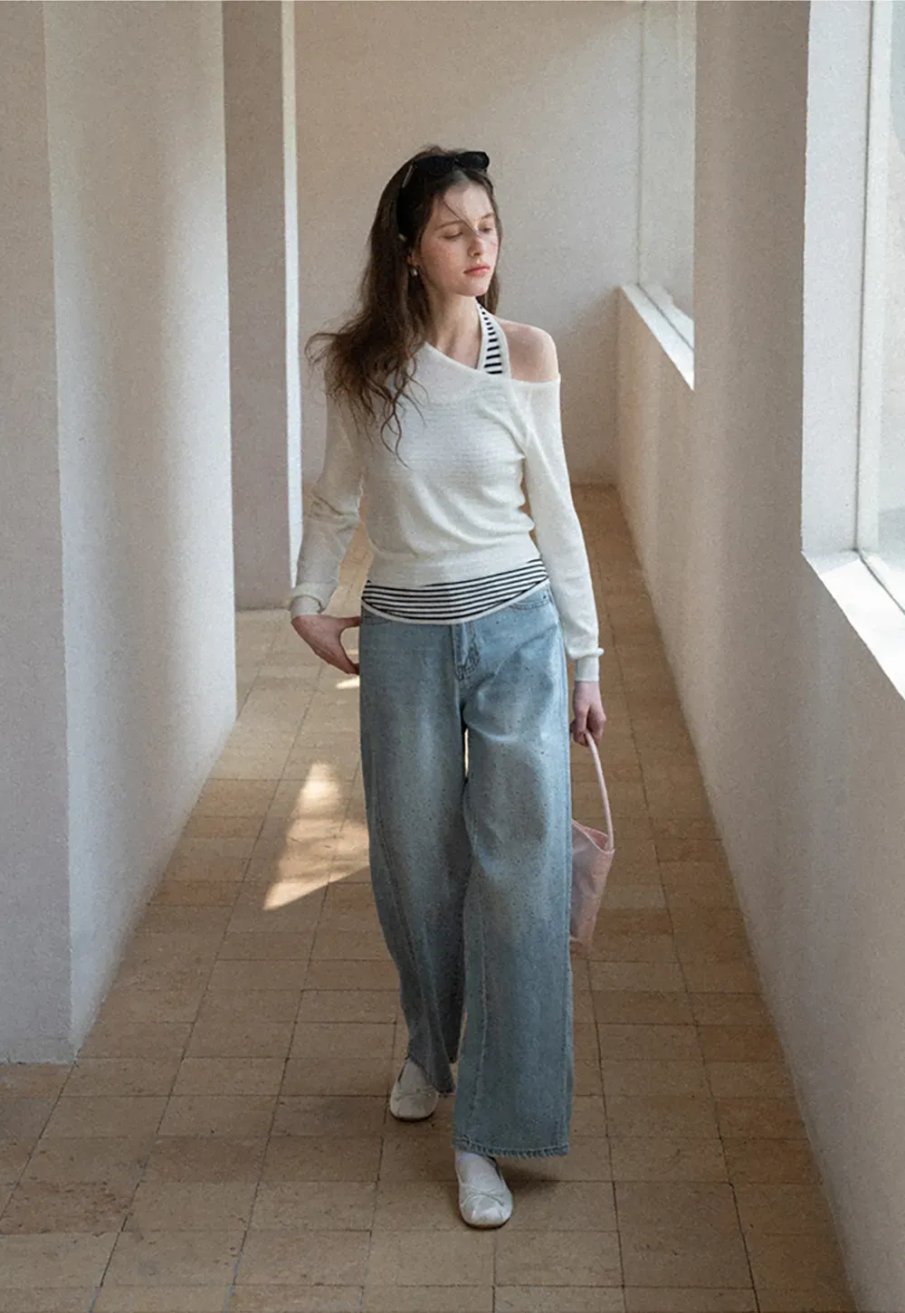 Off Shoulder Long Sleeve Knit Sweater with Striped Trim