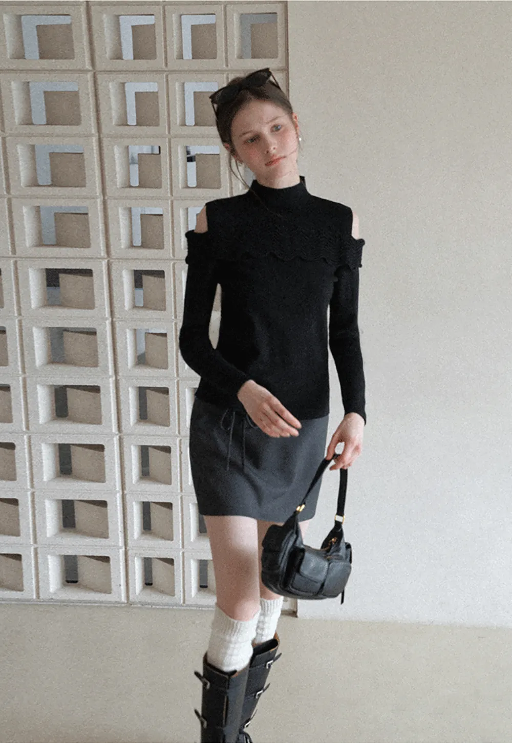 Elegant Off Shoulder Knit Sweater with Wave Detail