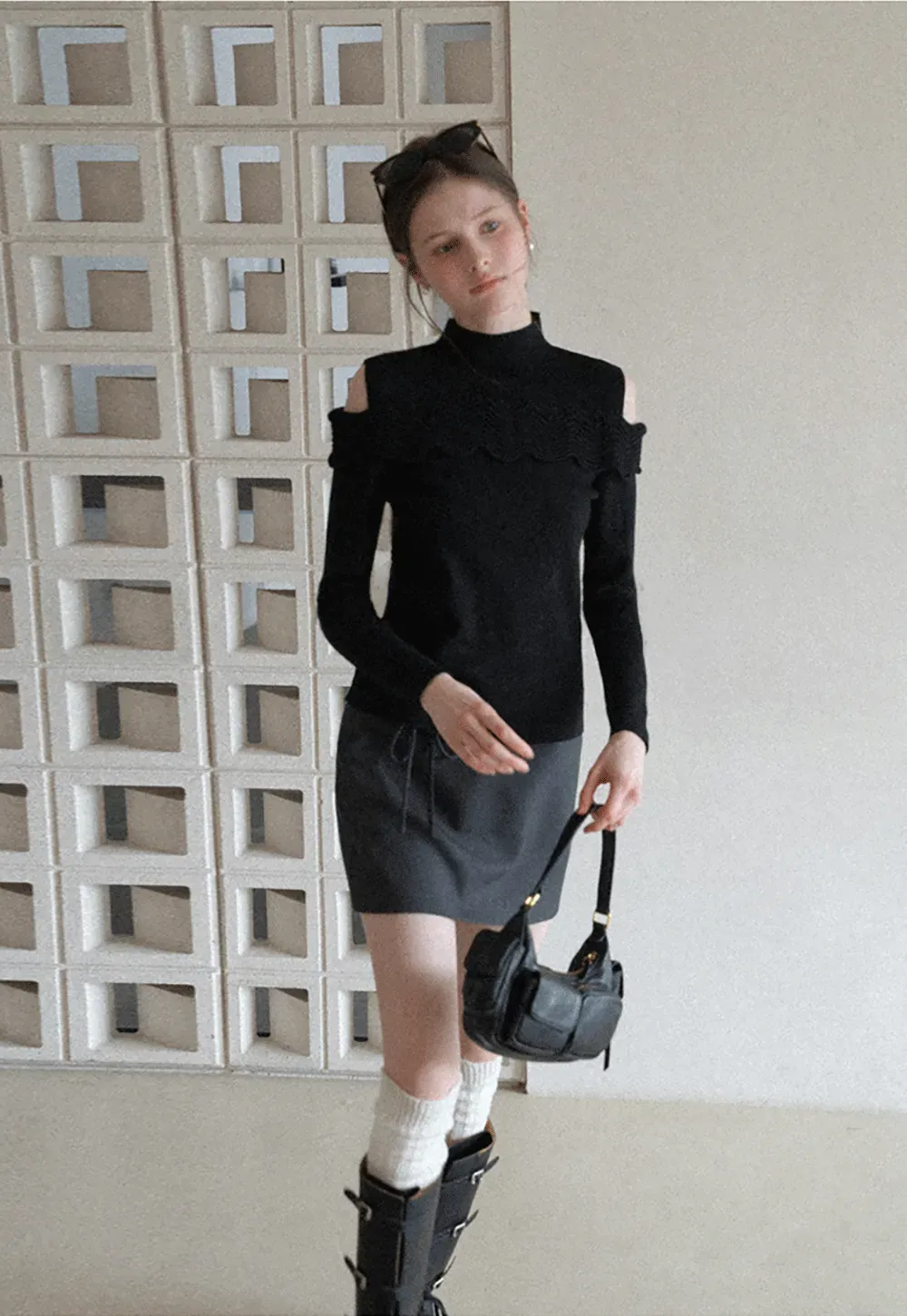 Elegant Off Shoulder Knit Sweater with Wave Detail