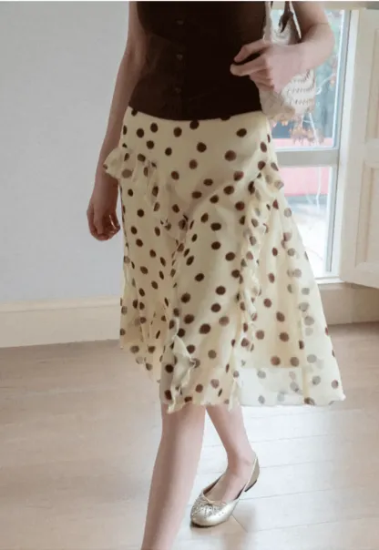Polka dot ruffled asymmetrical midi skirt