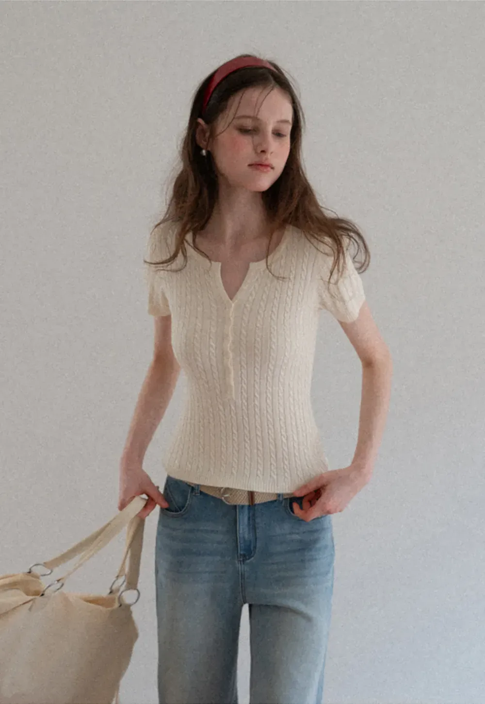 Cable Knit Short Sleeve V Neck Sweater