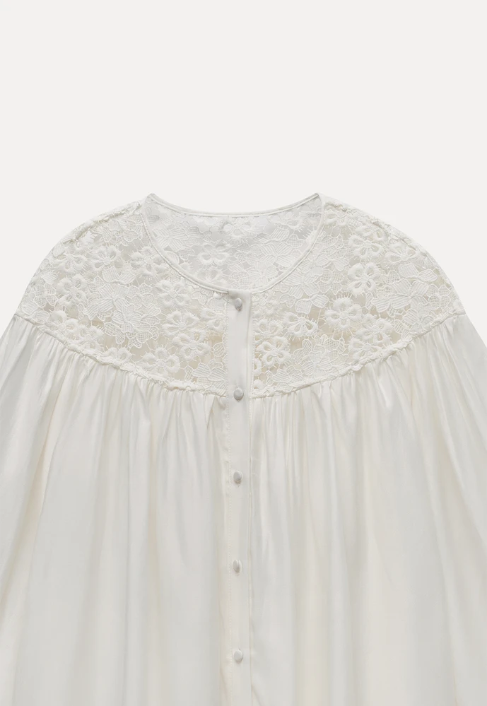 Women Lace Yoke Bishop Sleeve Button Down Blouse