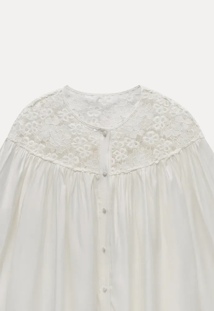 Women Lace Yoke Bishop Sleeve Button Down Blouse