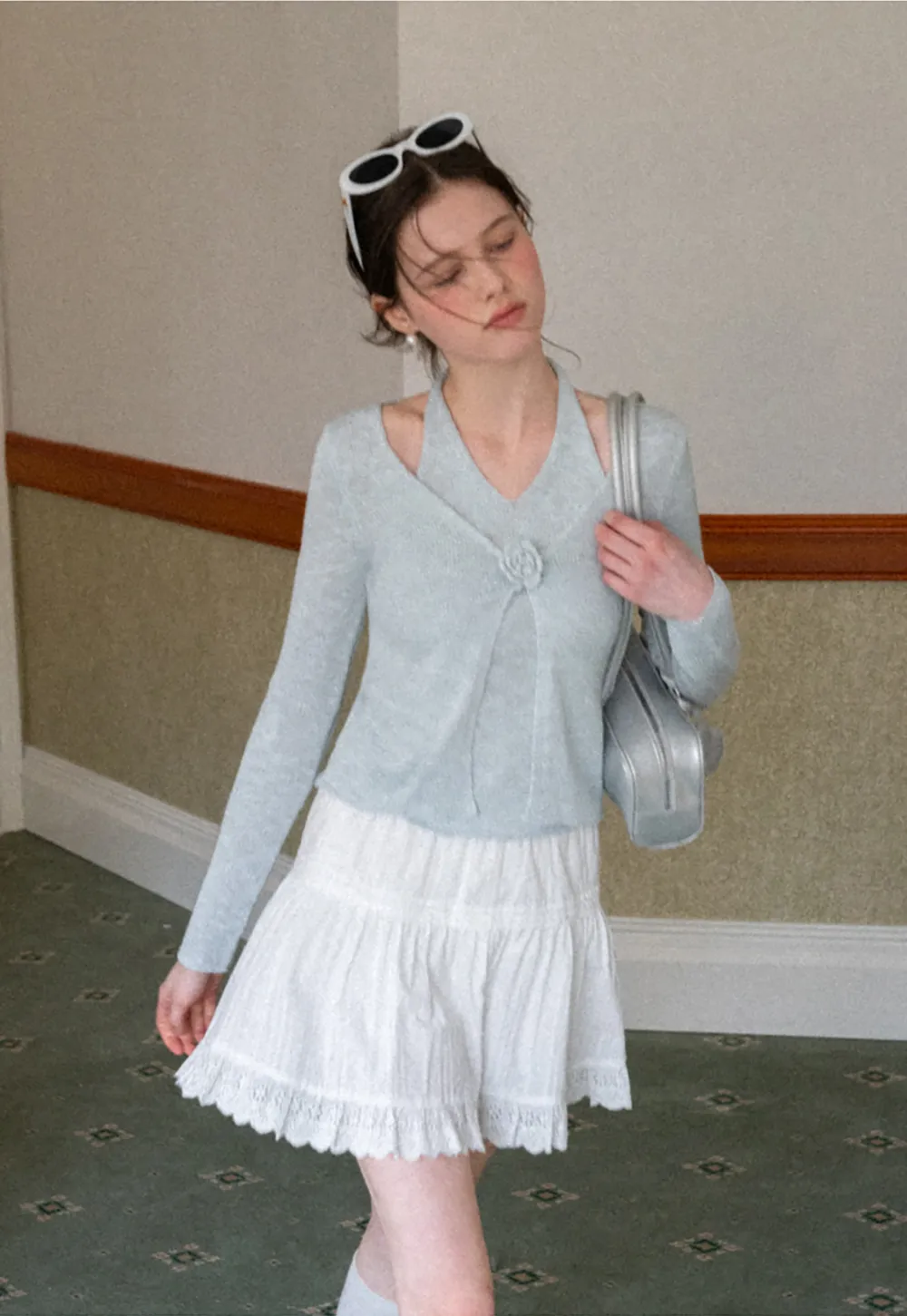 V Neck Knit Sweater with Floral Button Detail