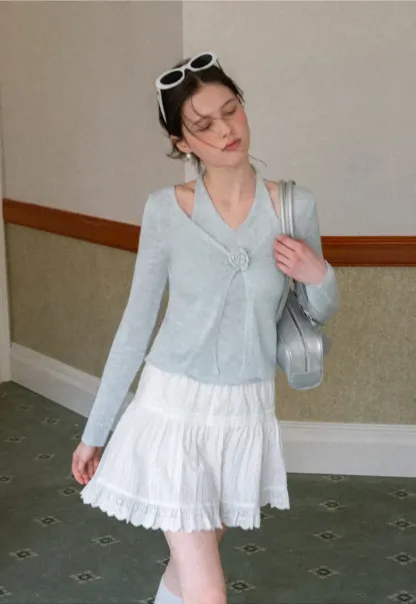 V Neck Knit Sweater with Floral Button Detail