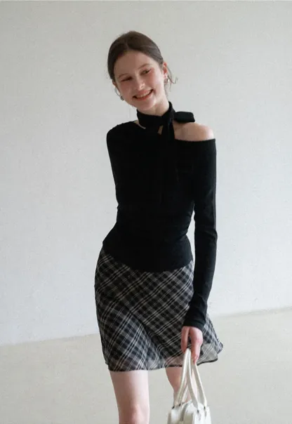 Long sleeve off shoulder top with neck tie detail