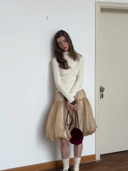 Soft Turtleneck Top with Ruffled Sleeve Cuffs