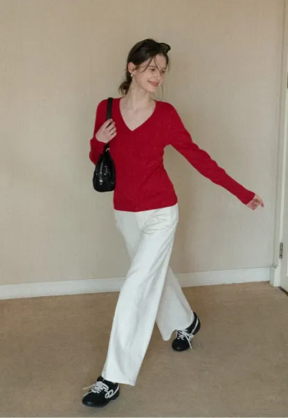 V Neck Long Sleeve Knit Sweater