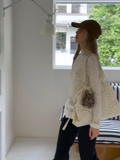 Women High Neck Long Sleeve Lace Top with Layered Ruffle Hem