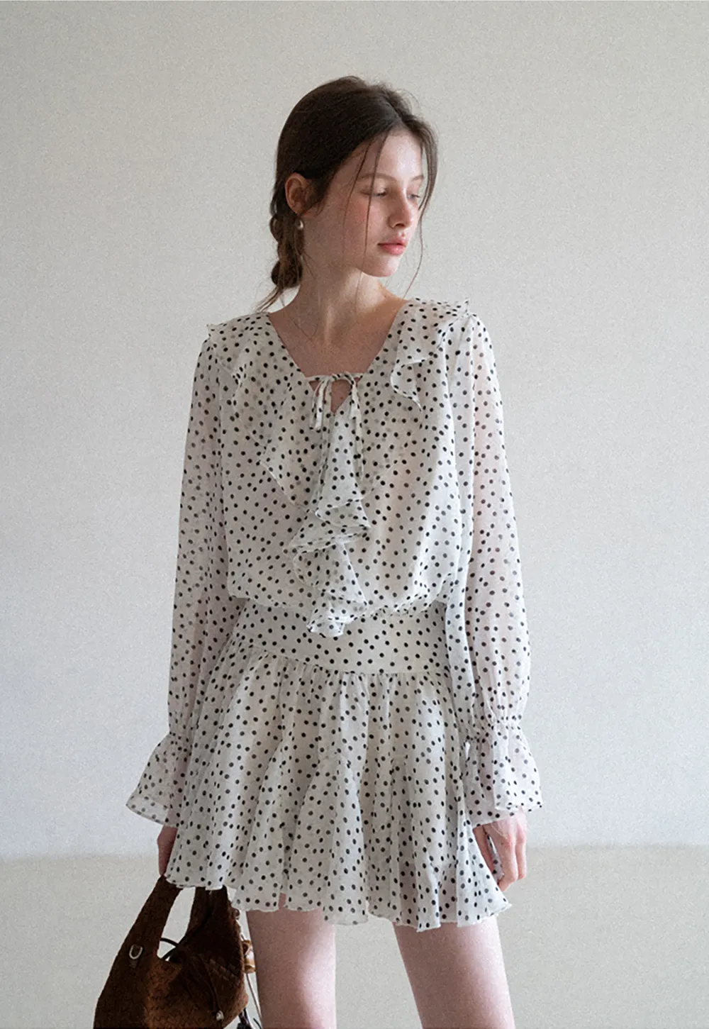 Polka Dot Ruffle Dress with V Neck and Long Sleeves