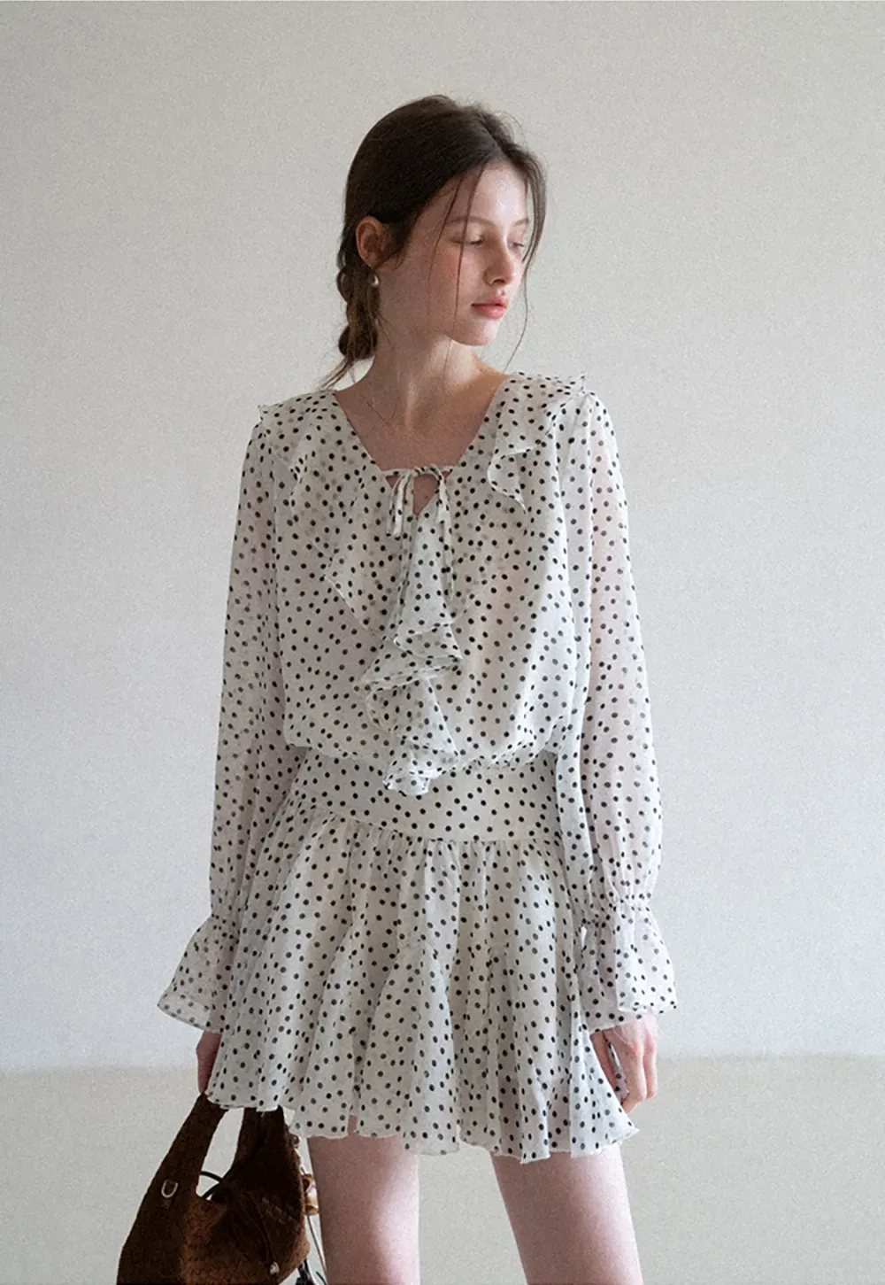 Polka Dot Ruffle Dress with V Neck and Long Sleeves
