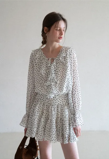 Polka Dot Ruffle Dress with V Neck and Long Sleeves
