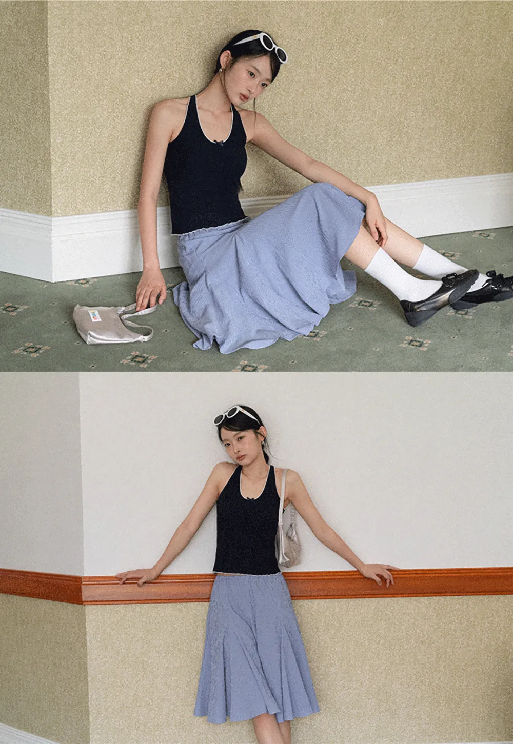 Halter neck tank top with thin straps and bow detail