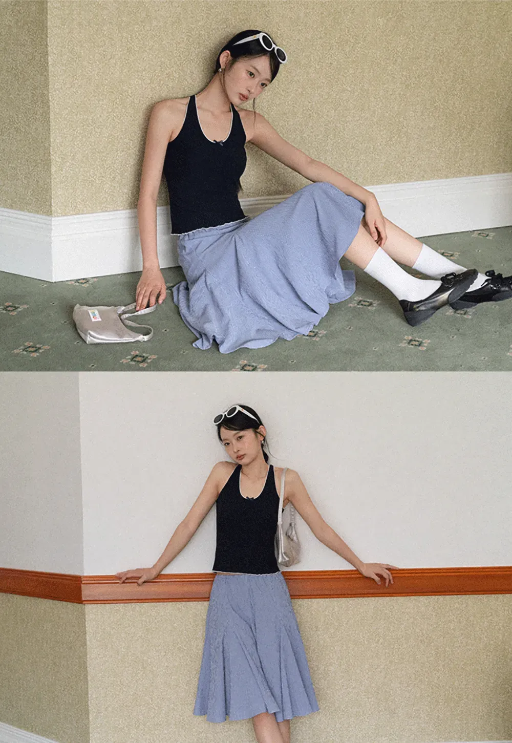 Halter neck tank top with thin straps and bow detail