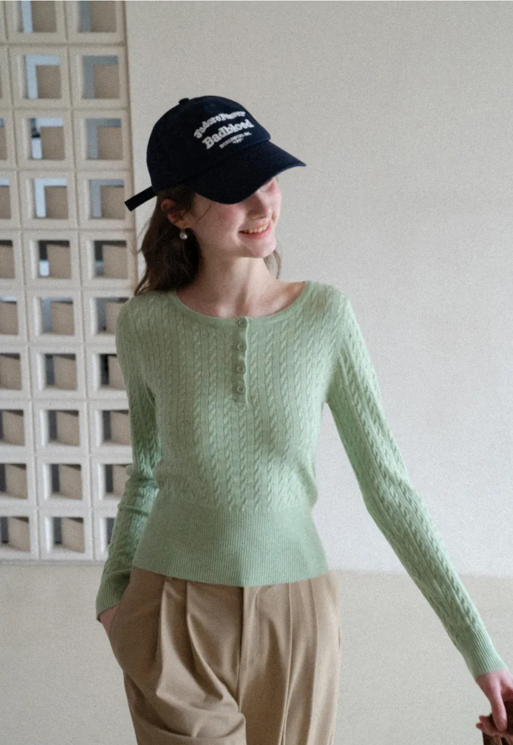 Cable Knit Long Sleeve Sweater with Button Detail