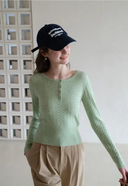 Cable Knit Long Sleeve Sweater with Button Detail