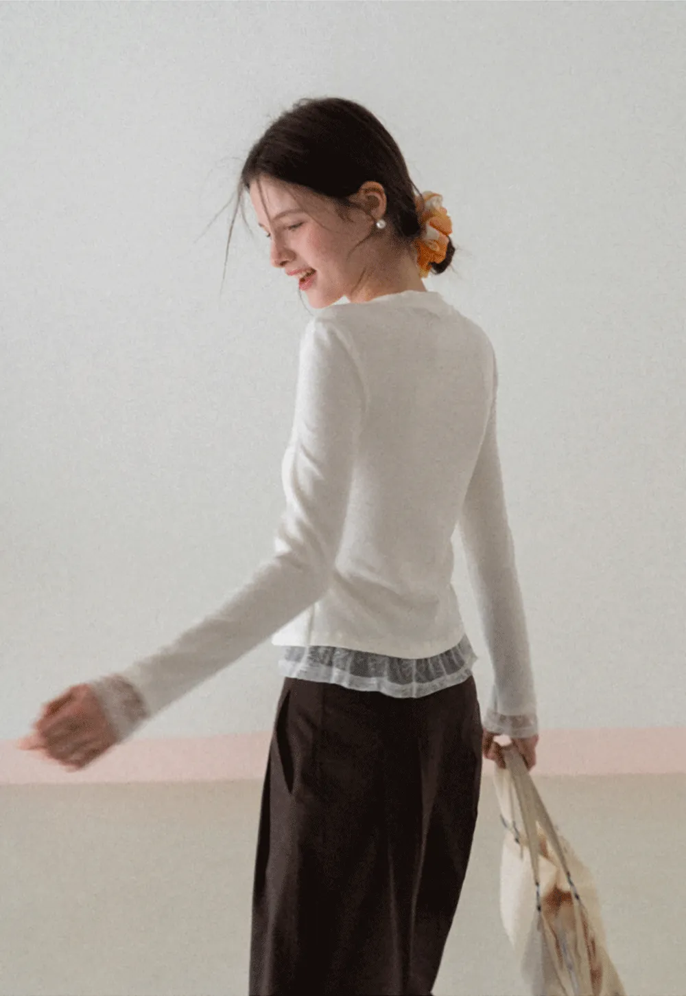 Long sleeve button front knit top with collar