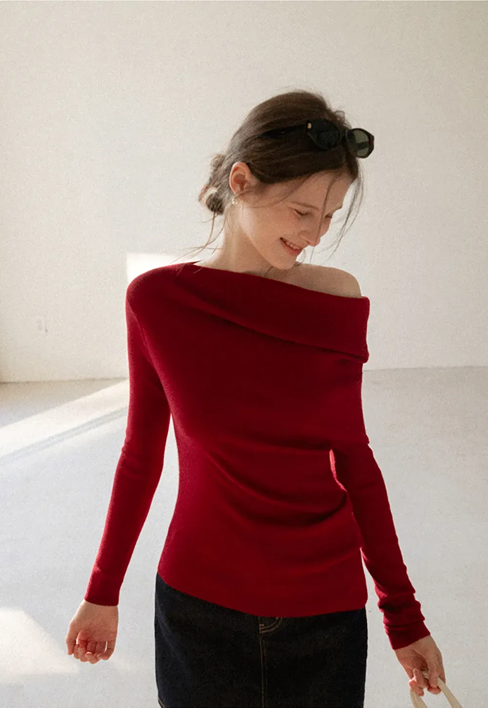 Elegant Off Shoulder Knit Top with Asymmetrical Design