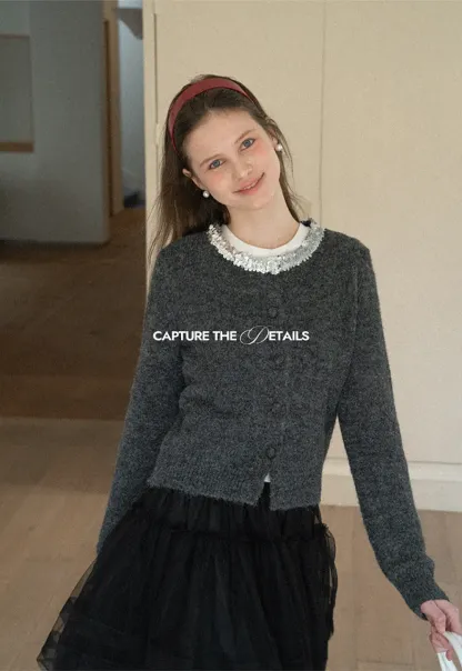 Elegant Woolen Knit Sweater with Embellished Neckline and Long Sleeves