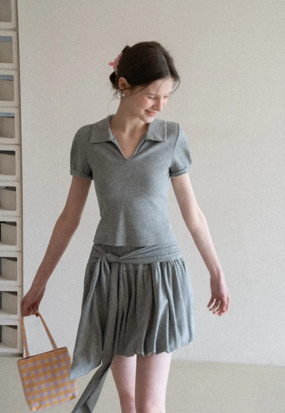 Polo collar short sleeve top with pleated skirt