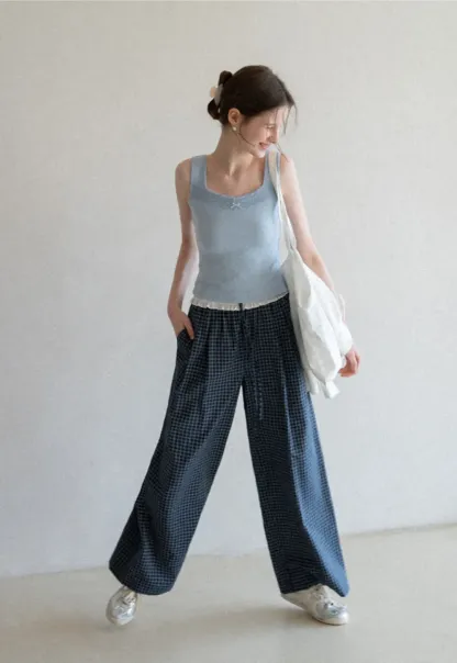 Wide Leg Plaid Casual Pants with Ruffled Waistband