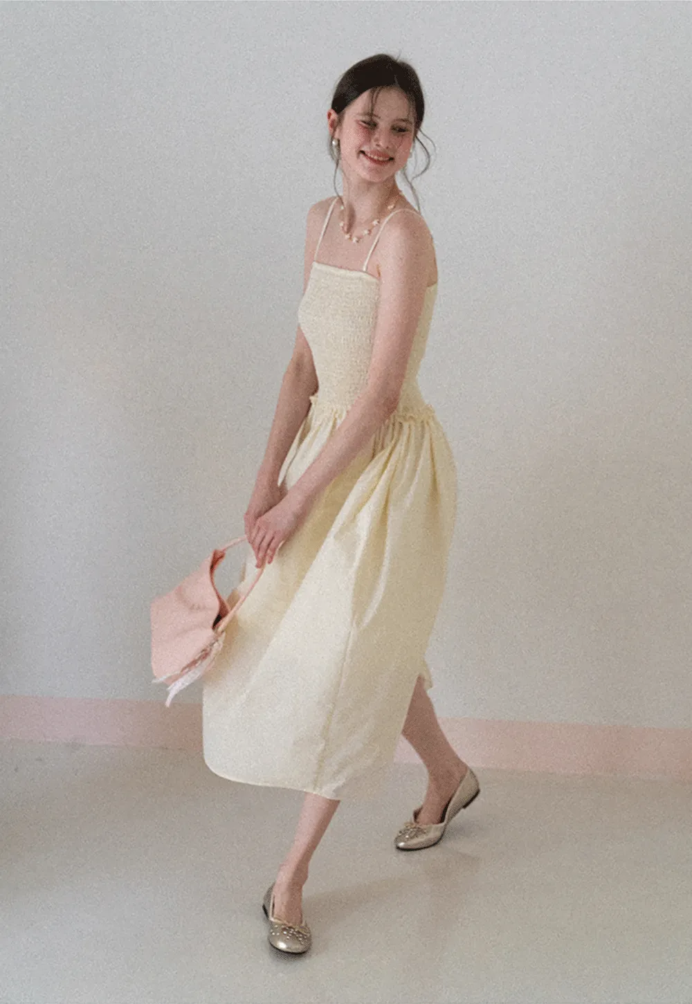 Strapless Smocked Bodice A Line Midi Dress