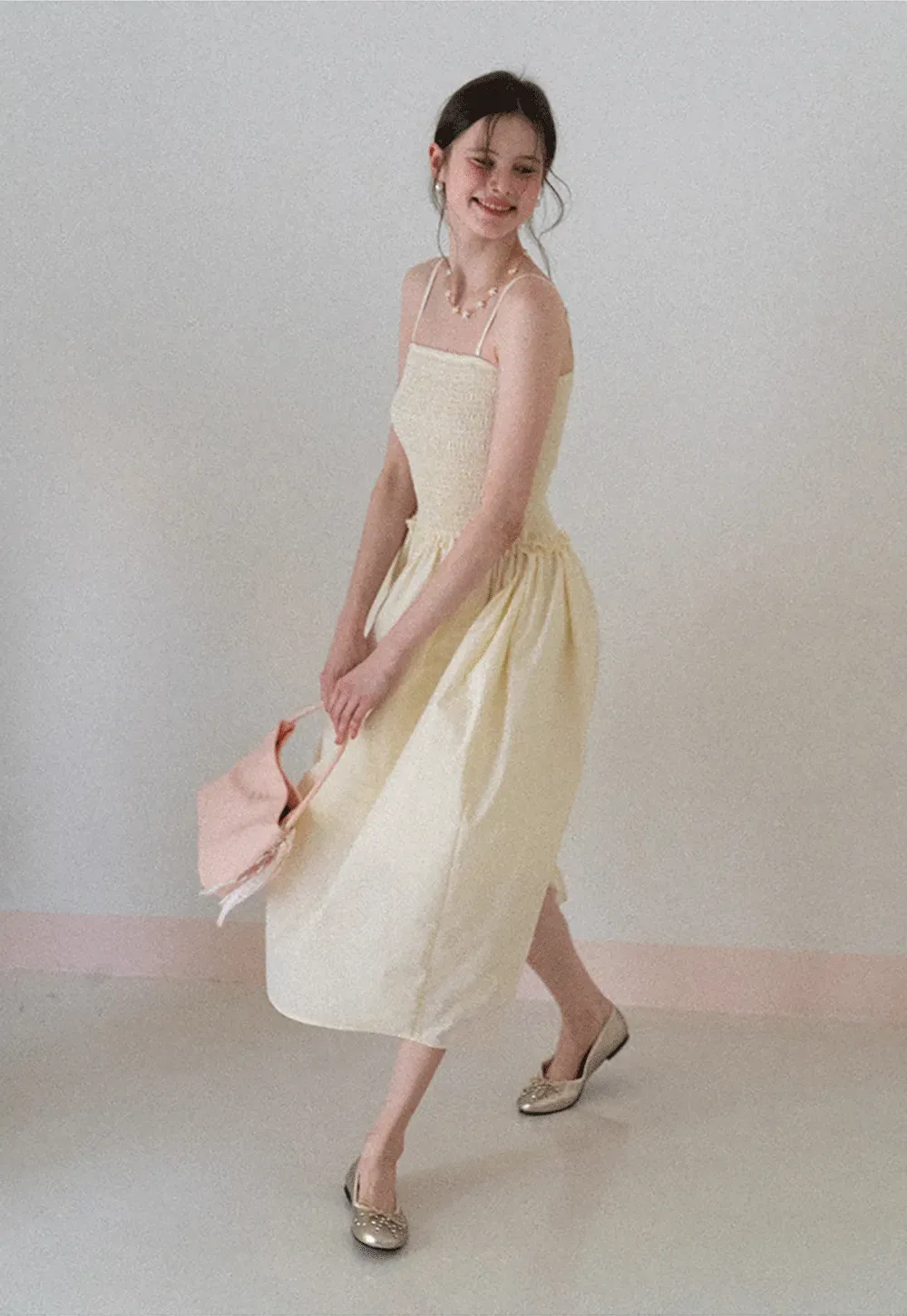 Strapless Smocked Bodice A Line Midi Dress