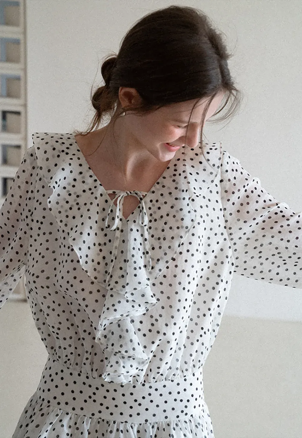 Polka Dot Ruffle Dress with V Neck and Long Sleeves