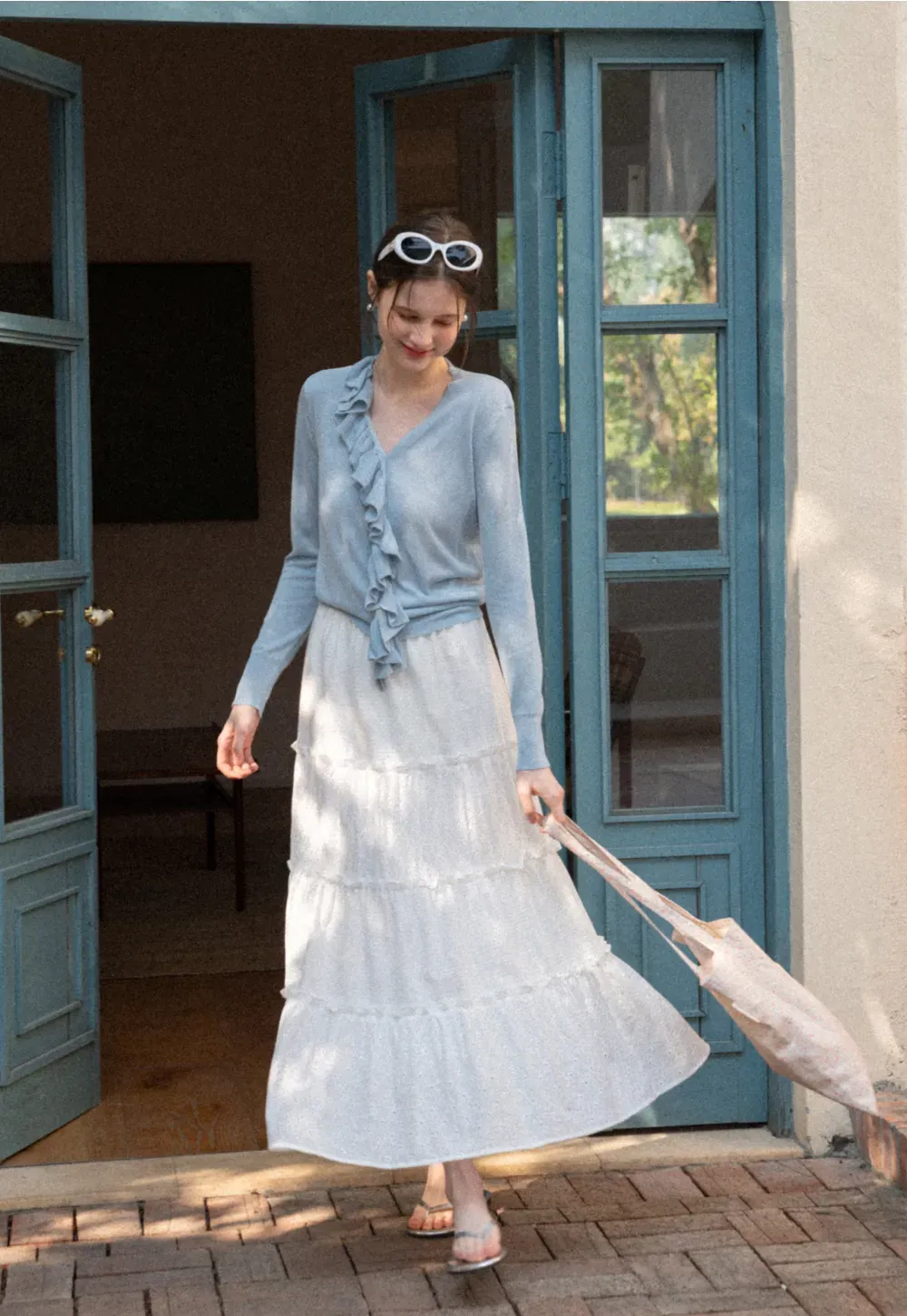 Lightweight Long Sleeve Knit Sweater with Ruffled Trim