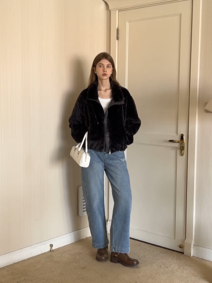 Womens Oversized Stand Collar Faux Leather and Sherpa Jacket