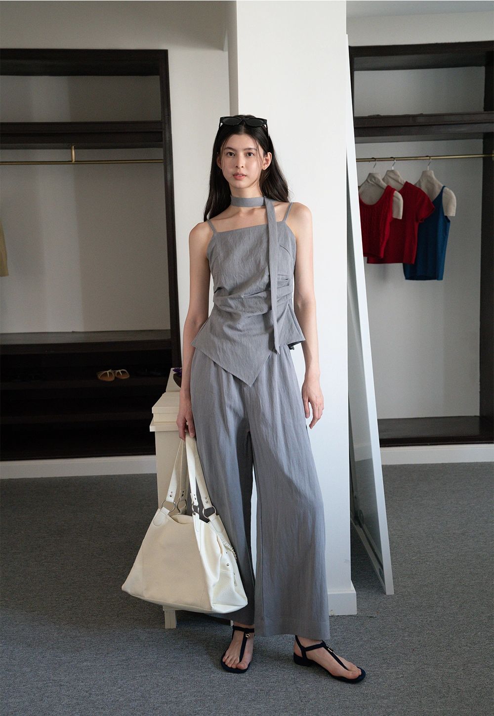 Women's 2 Piece Set – Asymmetrical Strap Top and Wide Leg Pants Outfit
