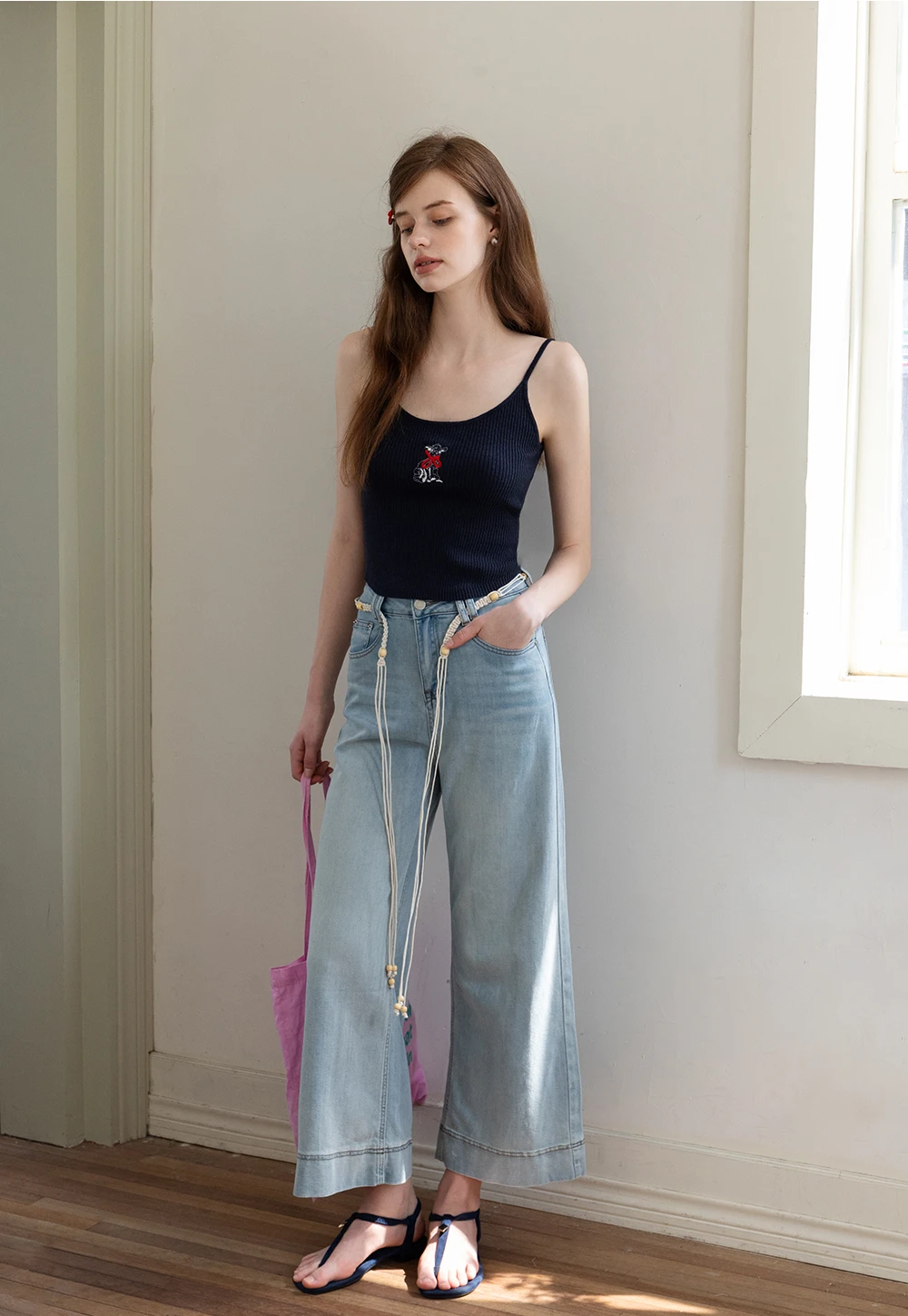 Women's Wide Leg Jeans with Rope Belt