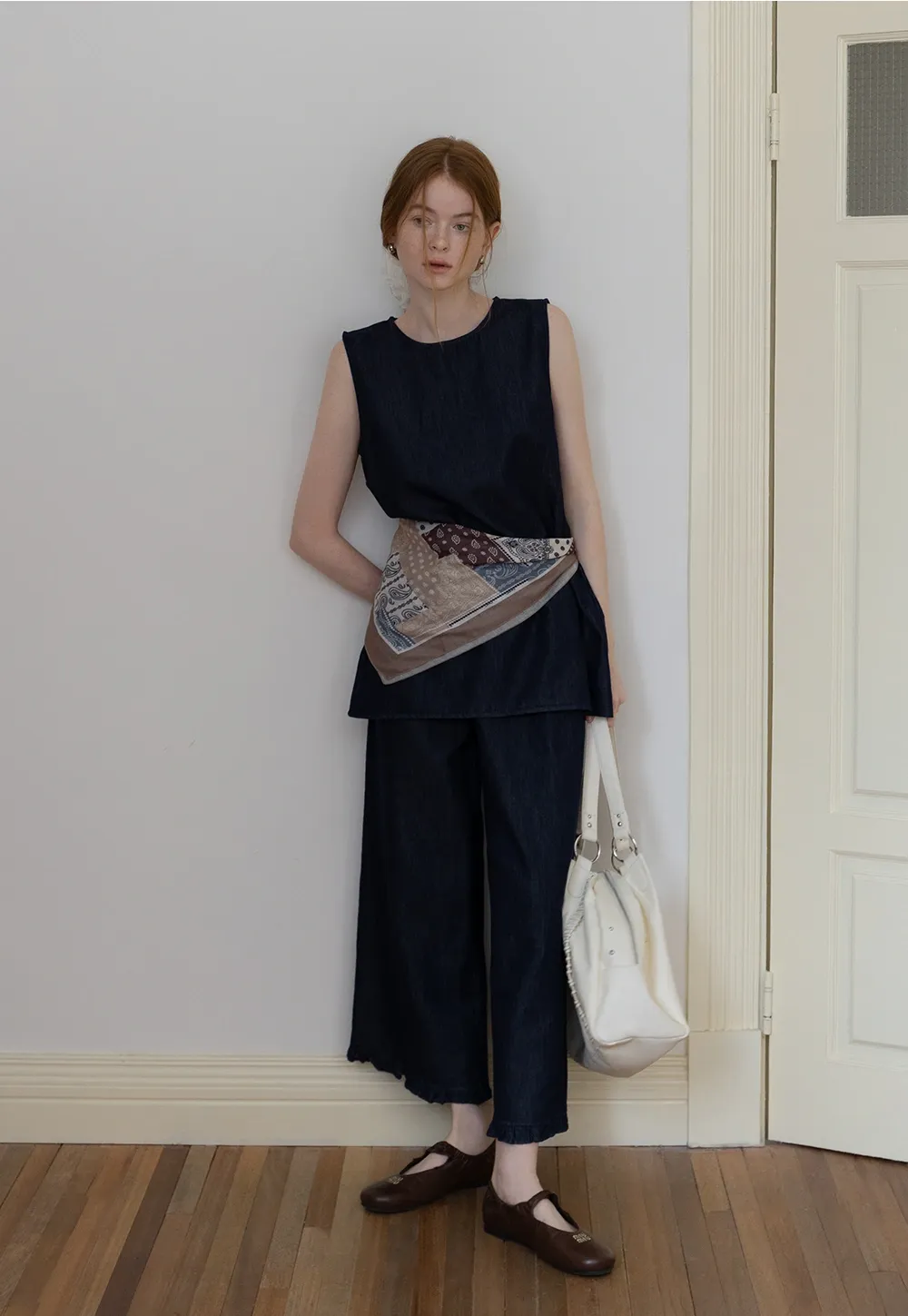 Sleeveless Denim Top and Wide-Leg Pants Set