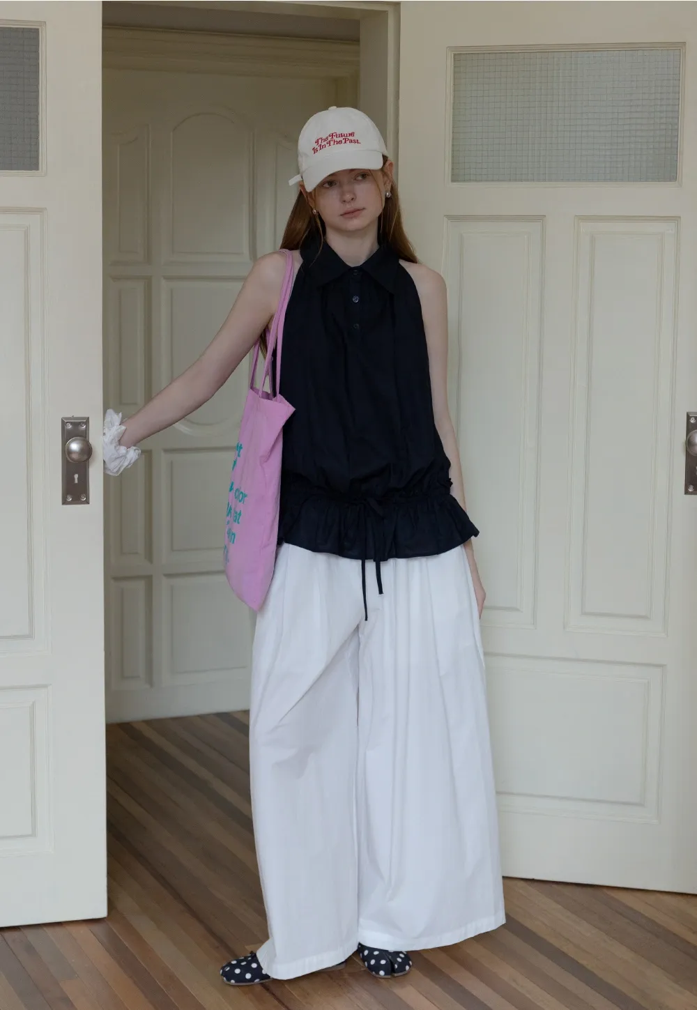 Drawstring Hem Sleeveless Collared Top